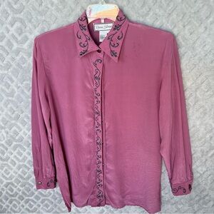 Vintage Diane Gilman 100% Silk  Collar Embroidered Long Sleeve Shirt Size M